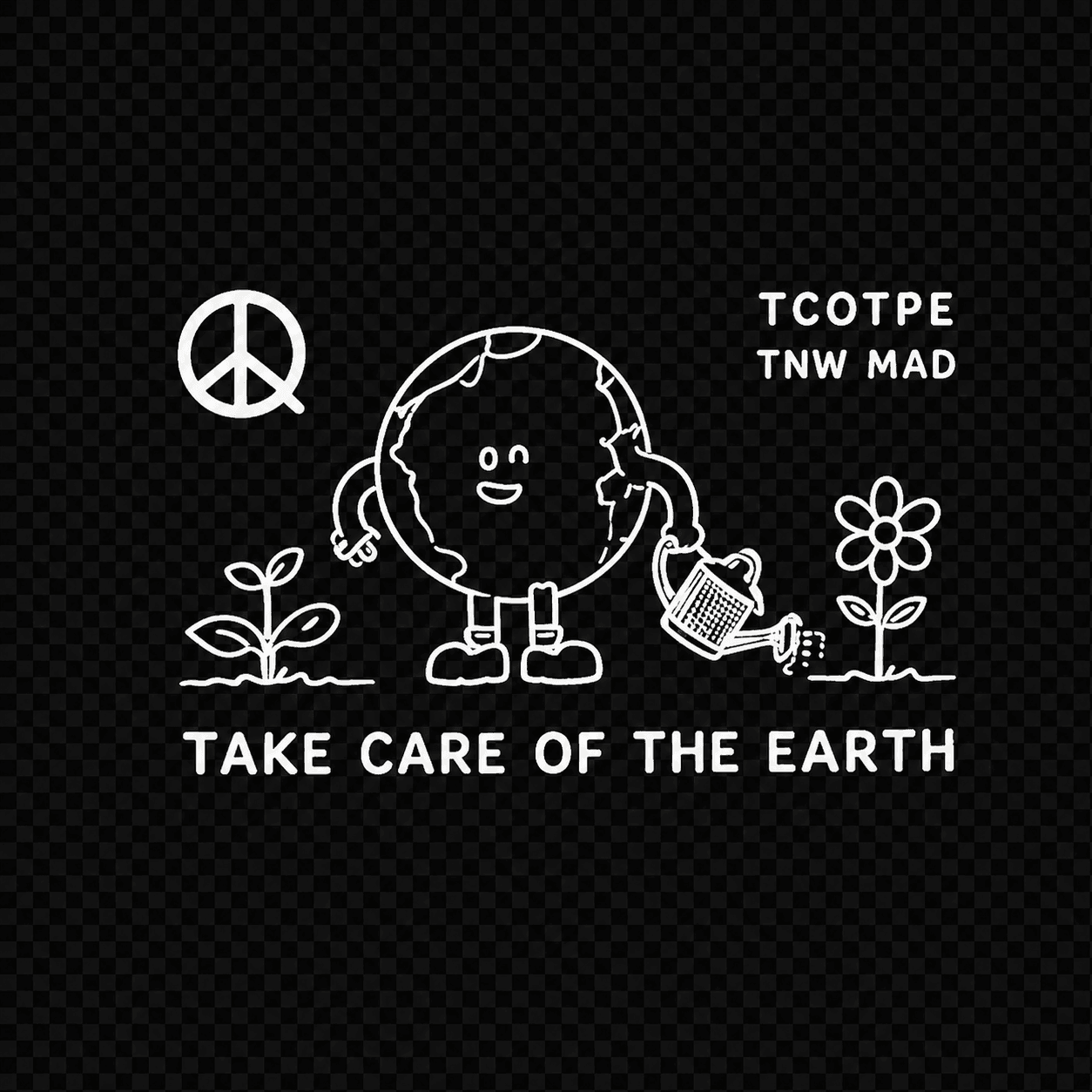 Tee front — line art with legible TCOTPE / TNW MAD and Take Care of the Earth wording