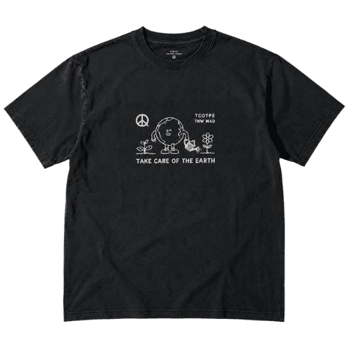 TCOTPE / TNW MAD tee — front chest print with Earth, peace symbol and sprout